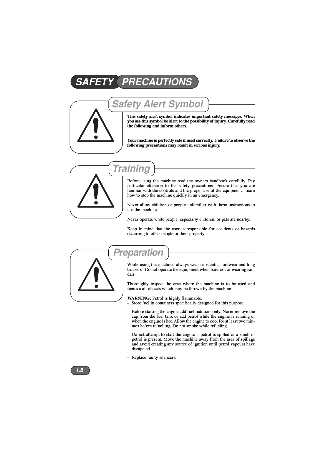 Hayter Mowers 453, 450, 446 Hovertrim manual Safety Precautions, Safety Alert Symbol, Training, Preparation 