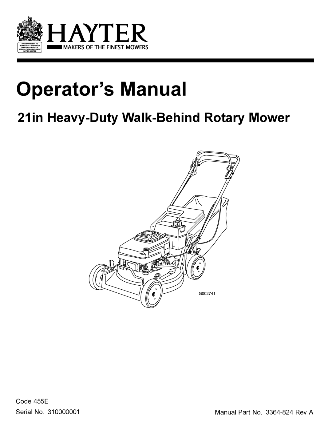 Hayter Mowers 455E manual 21in Heavy-Duty Walk-Behind Rotary Mower 