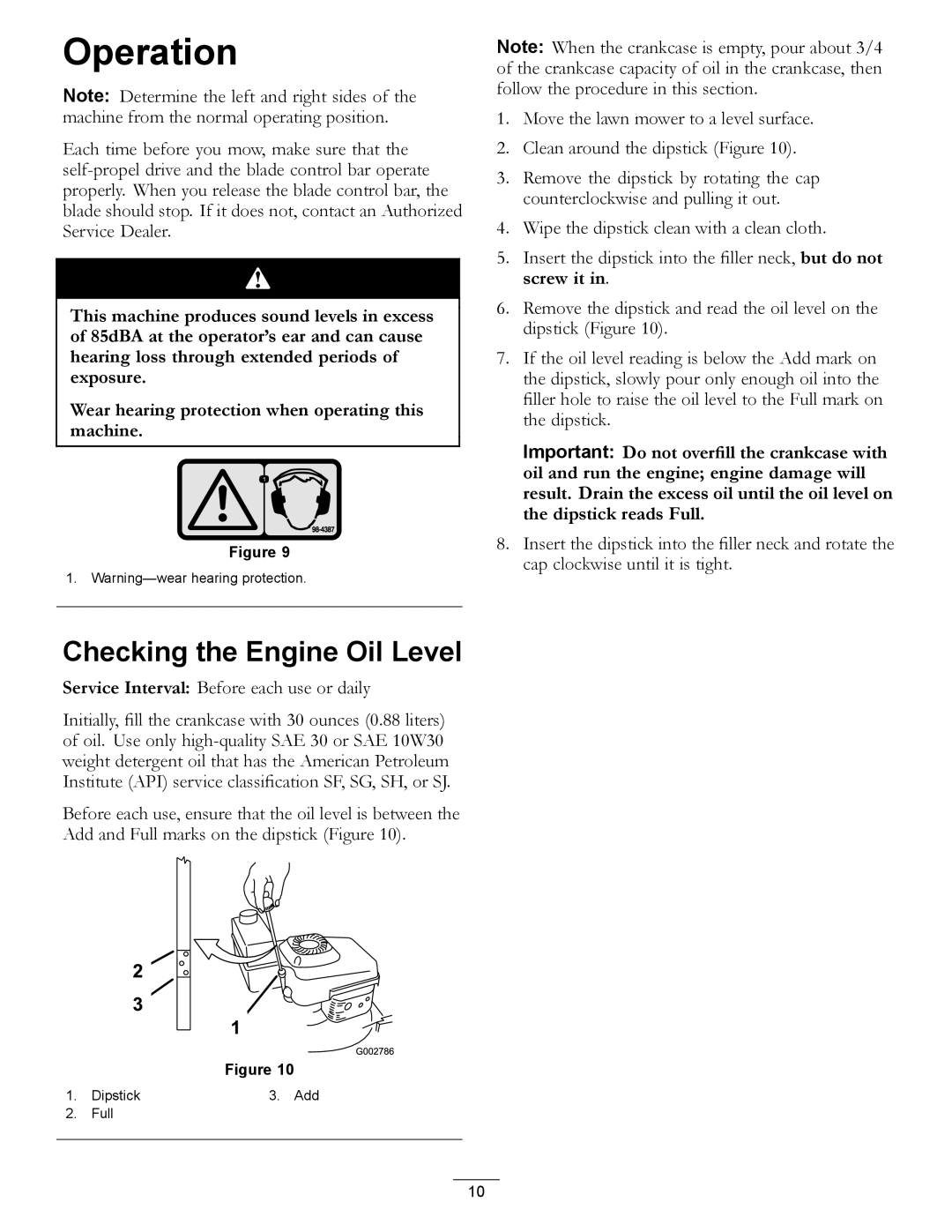 Hayter Mowers 455E manual Operation, Checking the Engine Oil Level, Service Interval Before each use or daily 