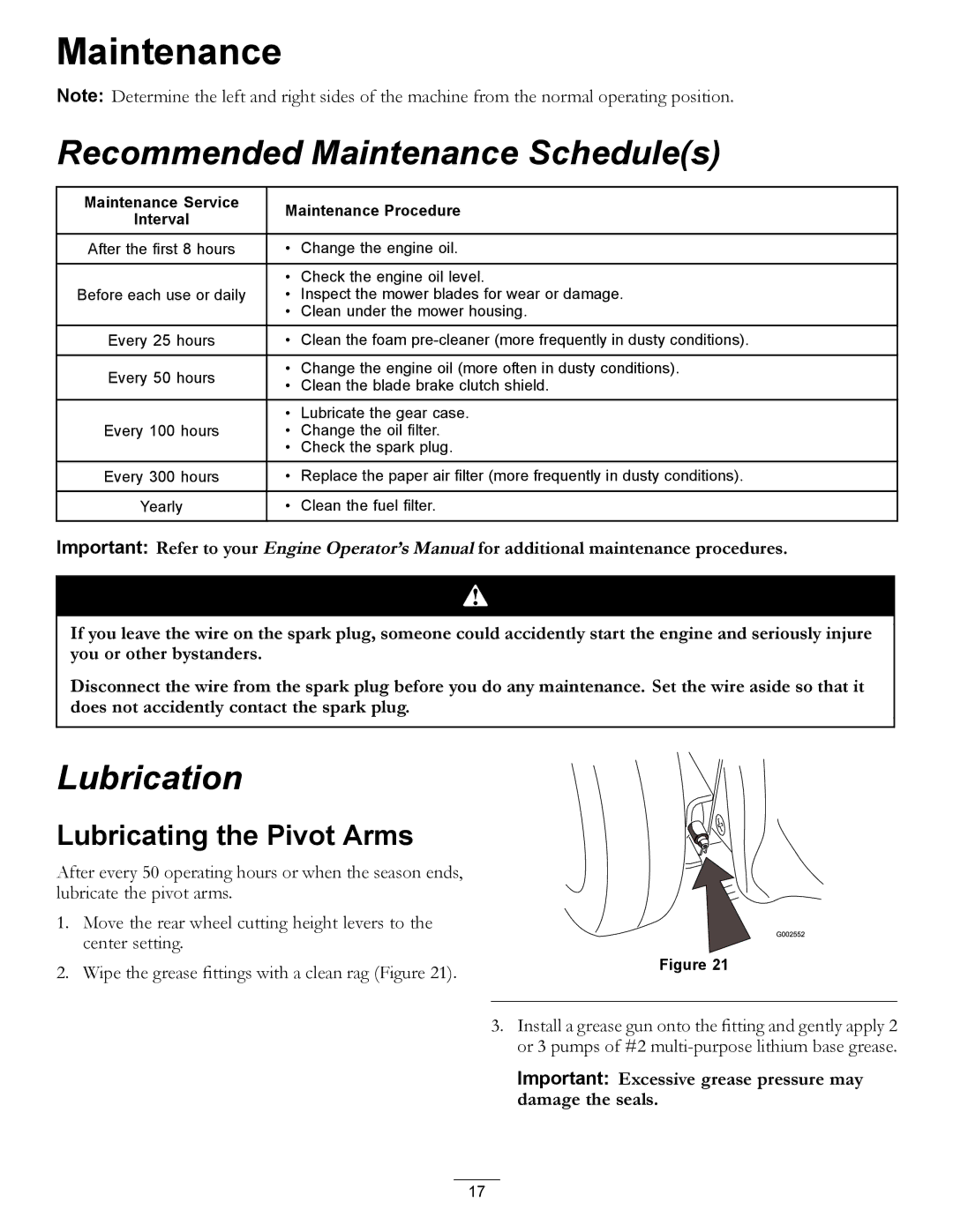 Hayter Mowers 455E manual Recommended Maintenance Schedules, Lubrication, Lubricating the Pivot Arms 