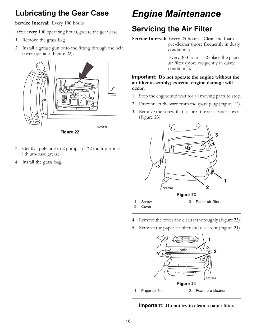 Hayter Mowers 455E manual Engine Maintenance, Lubricating the Gear Case, Servicing the Air Filter 