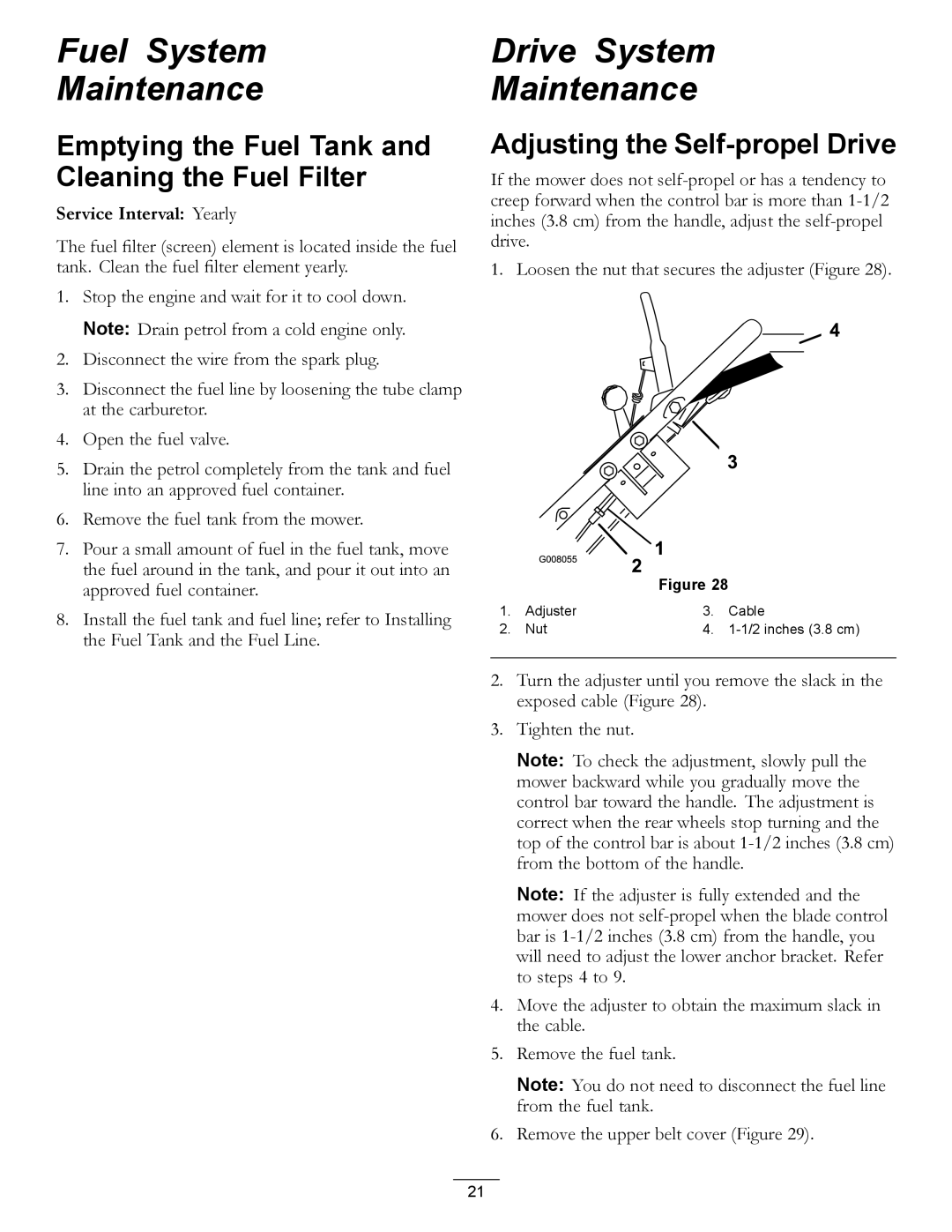 Hayter Mowers 455E Fuel System Maintenance, Drive System Maintenance, Emptying the Fuel Tank and Cleaning the Fuel Filter 