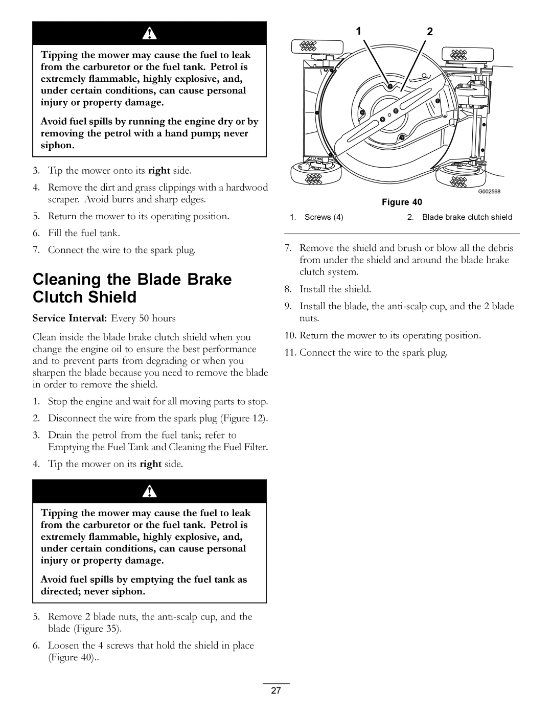 Hayter Mowers 455E manual Cleaning the Blade Brake Clutch Shield, Tip the mower on its right side 