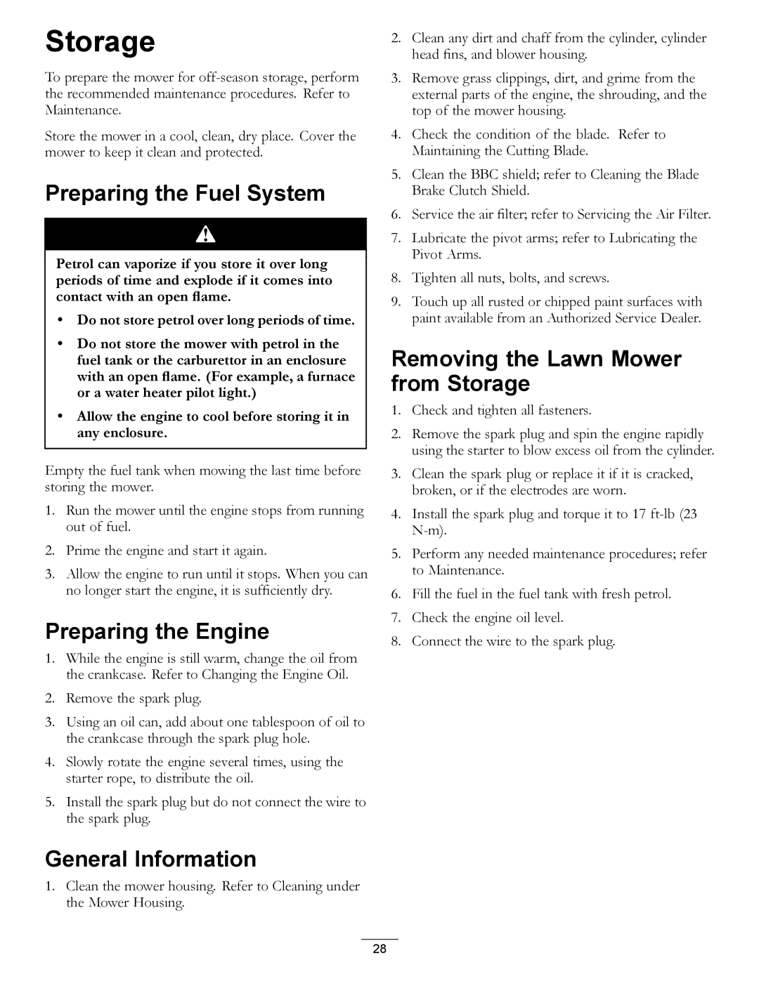 Hayter Mowers 455E manual Storage, Preparing the Fuel System, Preparing the Engine, General Information 