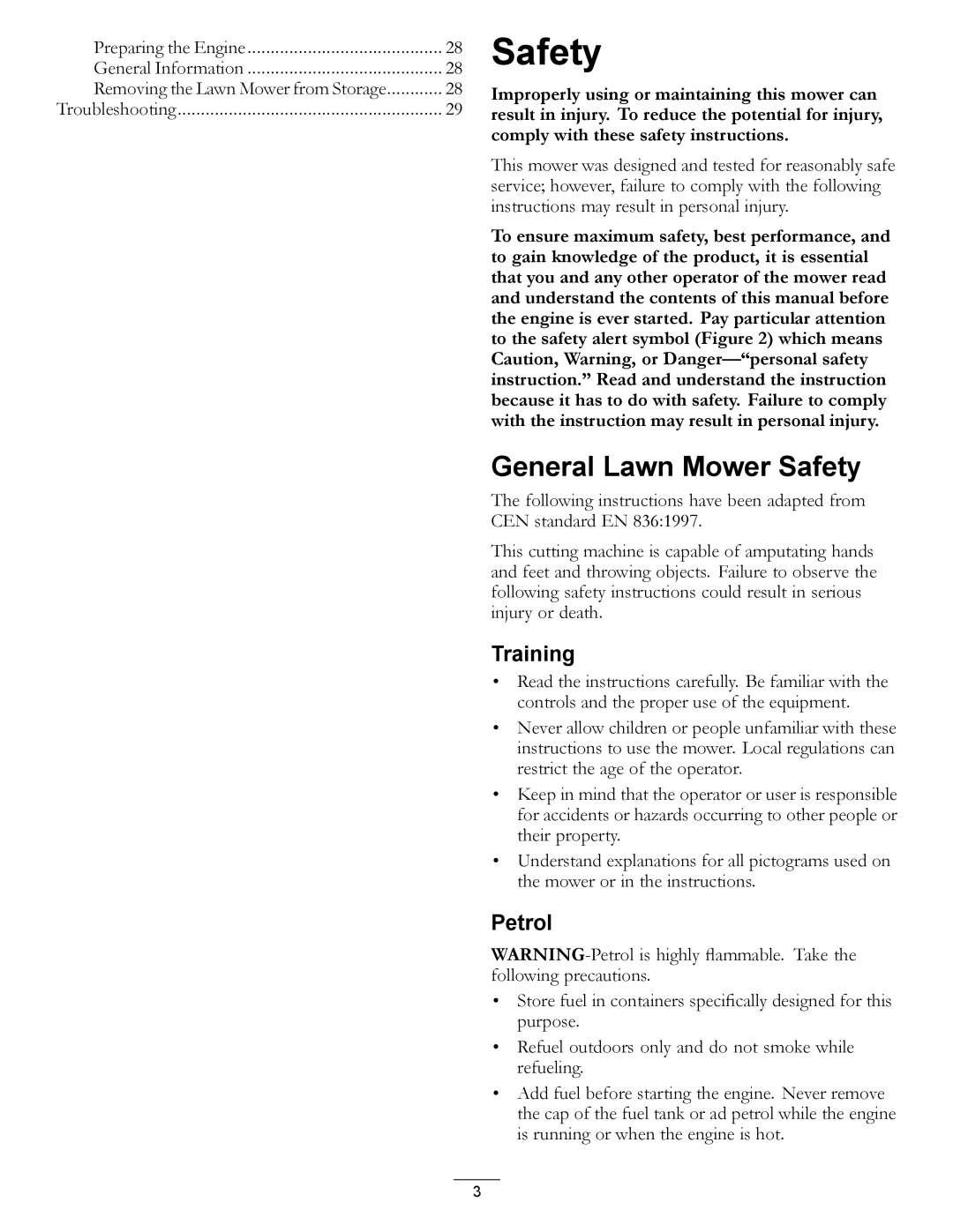 Hayter Mowers 455E manual General Lawn Mower Safety, Training, Petrol 