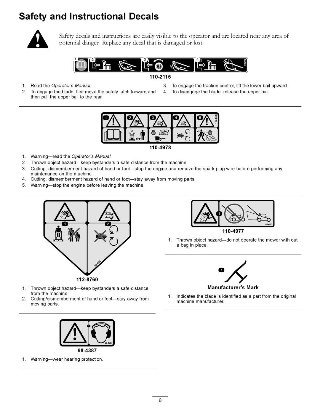 Hayter Mowers 455E manual Safety and Instructional Decals, 110-2115 