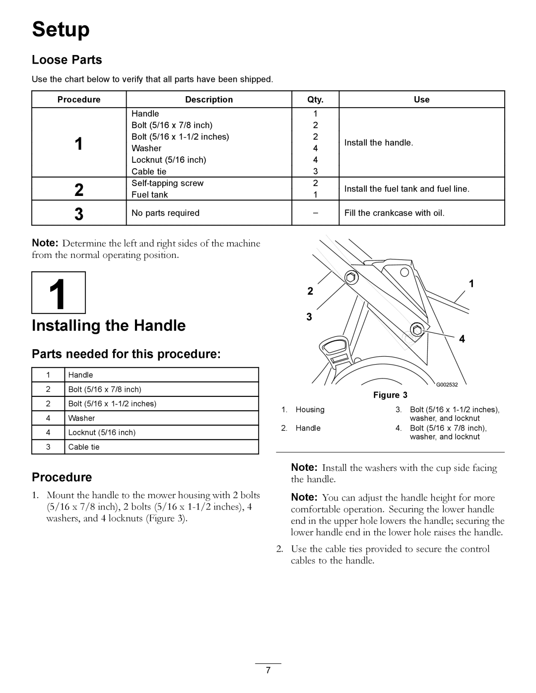 Hayter Mowers 455E manual Setup, Installing the Handle, Loose Parts, Parts needed for this procedure, Procedure 