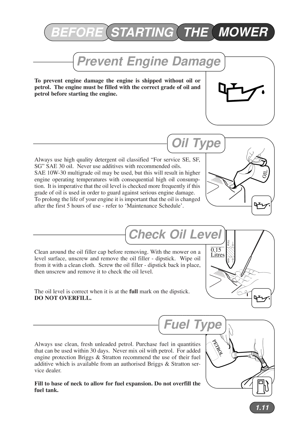 Hayter Mowers 481A manual Before Starting the Mower, Prevent Engine Damage, Oil Type, Check Oil Level, Fuel Type 