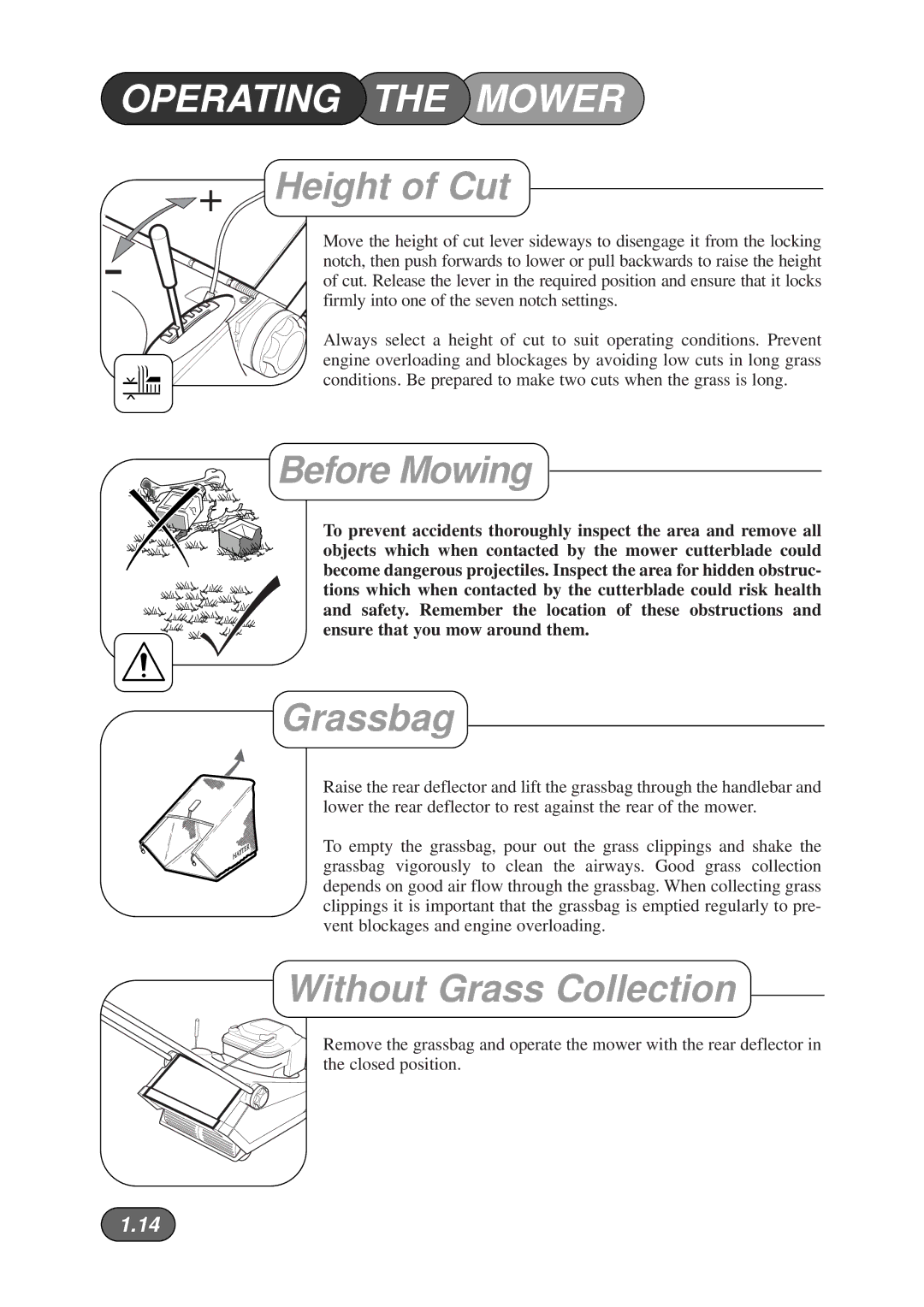 Hayter Mowers 481A manual + Height of Cut, Before Mowing, Grassbag, Without Grass Collection 