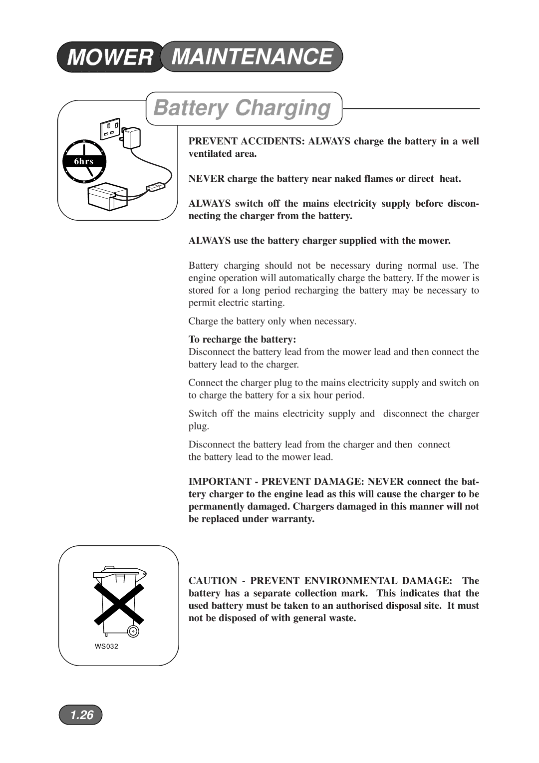 Hayter Mowers 481A manual Battery Charging, To recharge the battery 