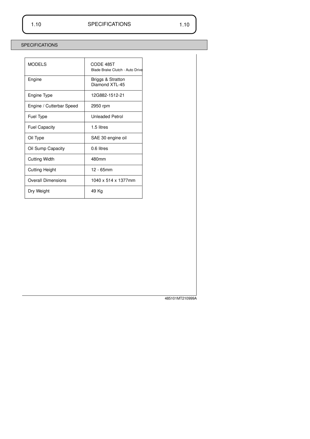 Hayter Mowers 48ST manual Specifications Models Code 485T 