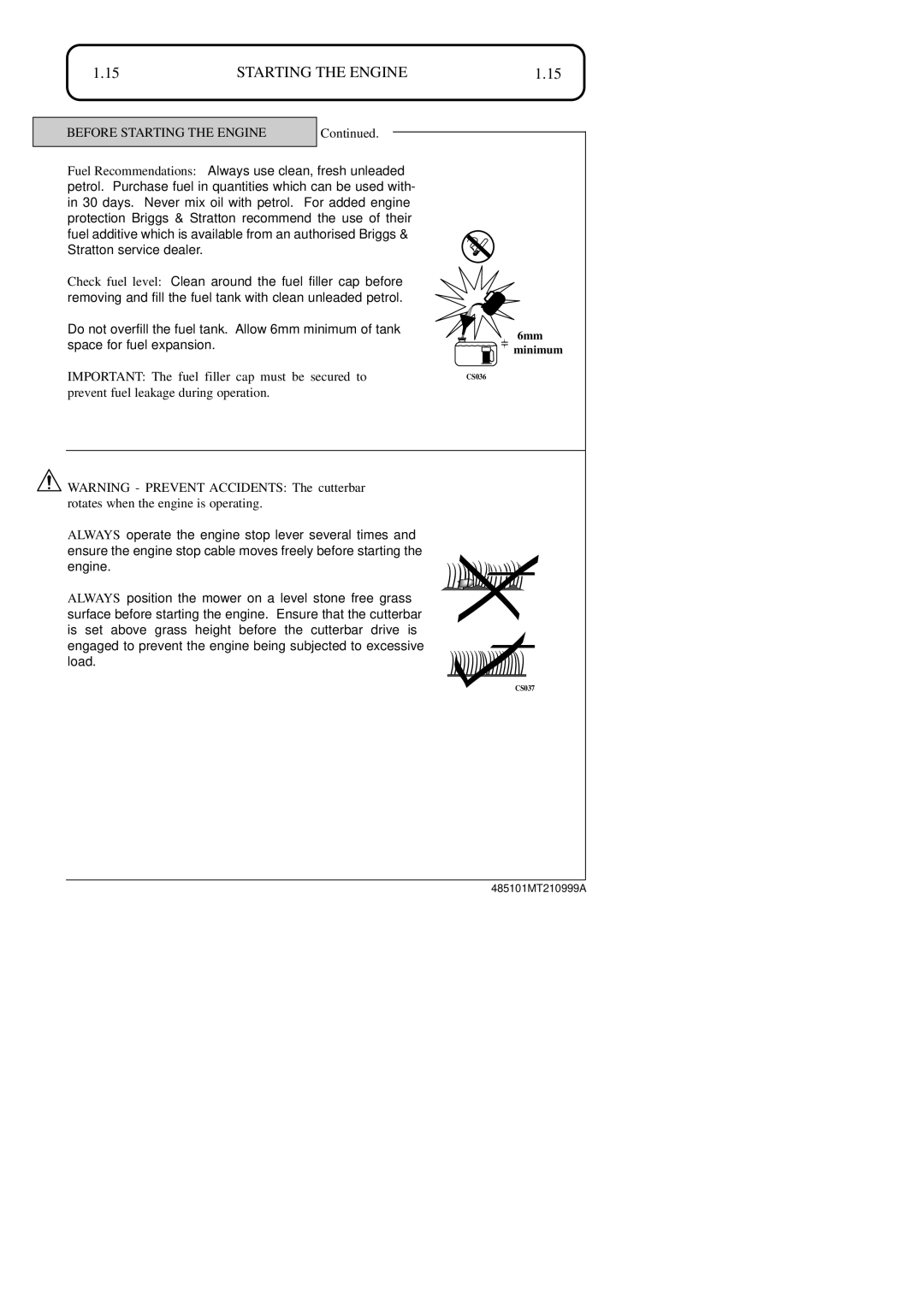 Hayter Mowers 48ST manual Do not overfill the fuel tank. Allow 6mm minimum of tank, Space for fuel expansion 