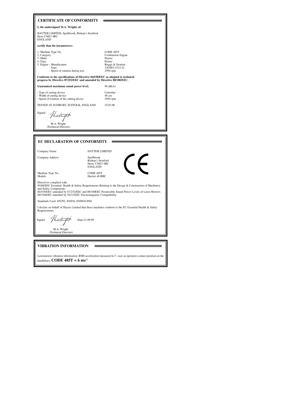 Hayter Mowers 48ST manual Certificate of Conformity, EC Declaration of Conformity, Vibration Information 