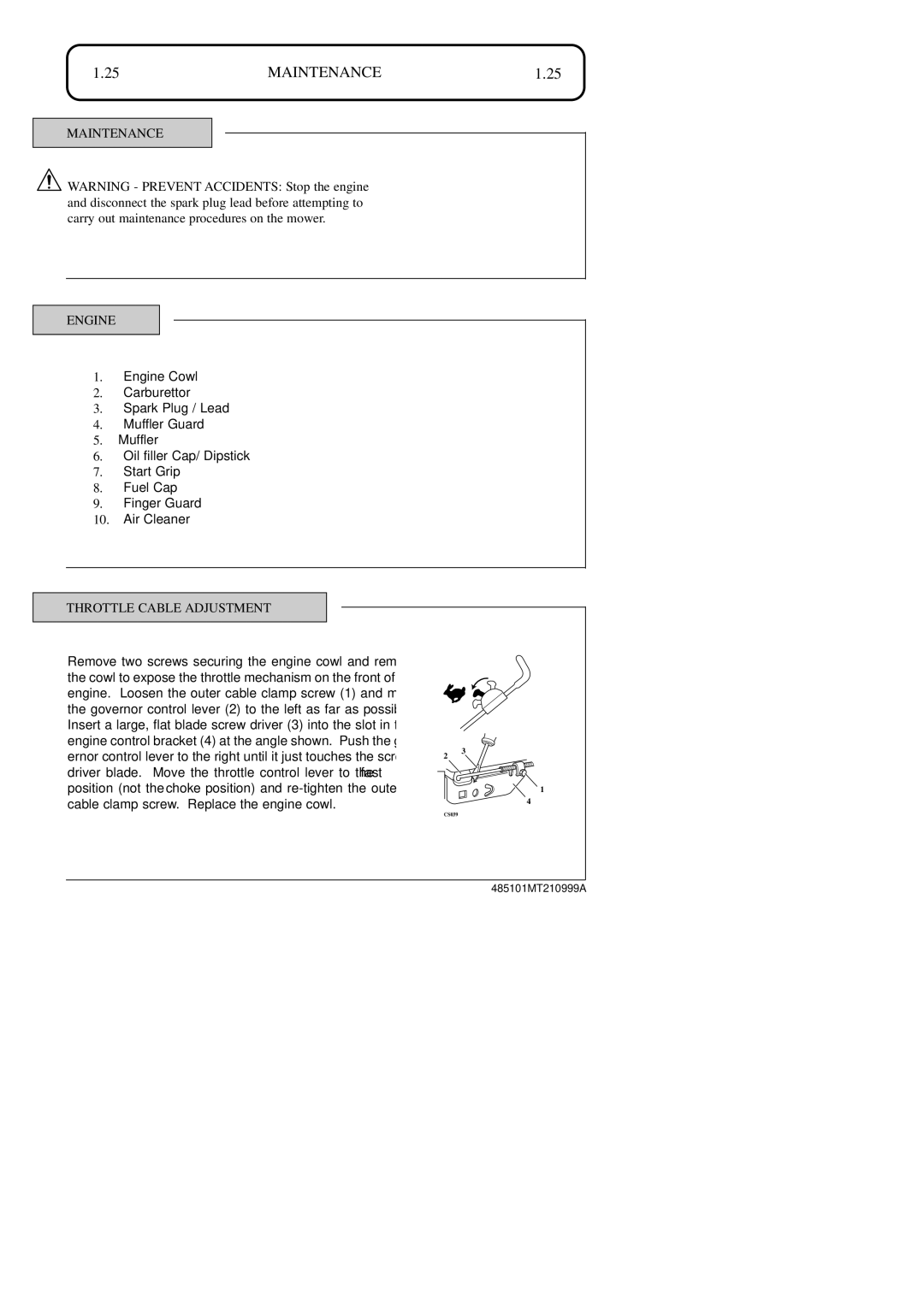 Hayter Mowers 48ST manual Maintenance Engine, Throttle Cable Adjustment 