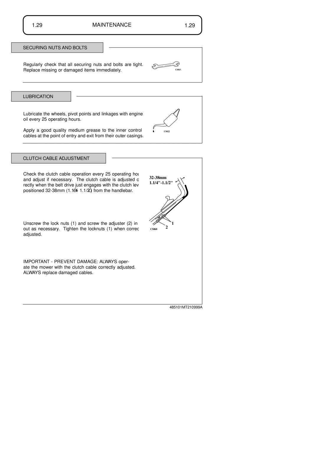 Hayter Mowers 48ST manual 29MAINTENANCE1.29, Securing Nuts and Bolts, Lubrication, Clutch Cable Adjustment 