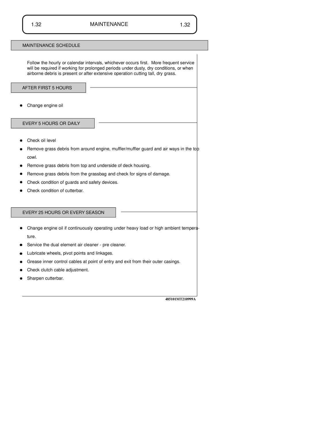 Hayter Mowers 48ST manual Maintenance Schedule, After First 5 Hours, Every 5 Hours or Daily, Every 25 Hours or Every Season 