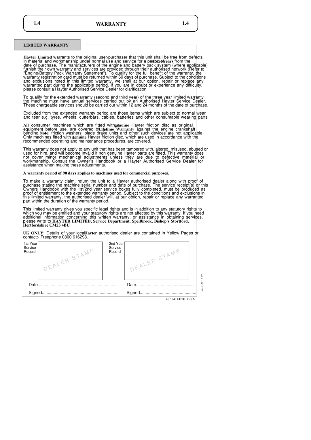 Hayter Mowers 48ST manual Limited Warranty, Hertfordshire CM23 4BU 