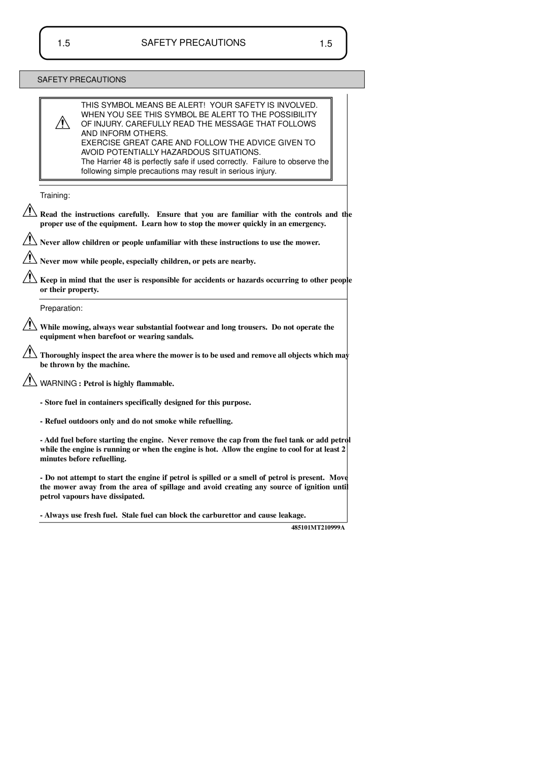 Hayter Mowers 48ST manual Safety Precautions, Preparation 