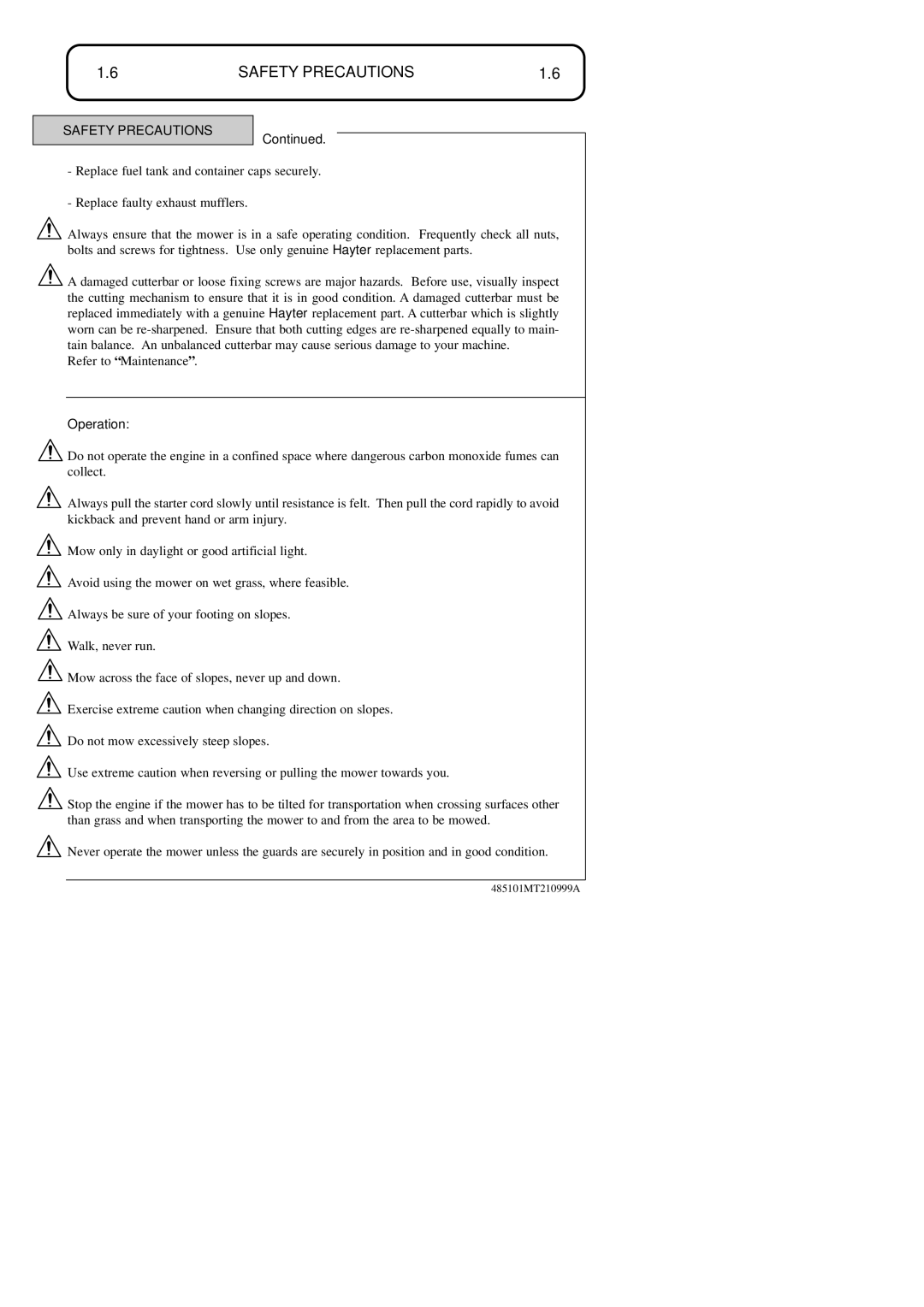 Hayter Mowers 48ST manual Safety Precautions, Operation 