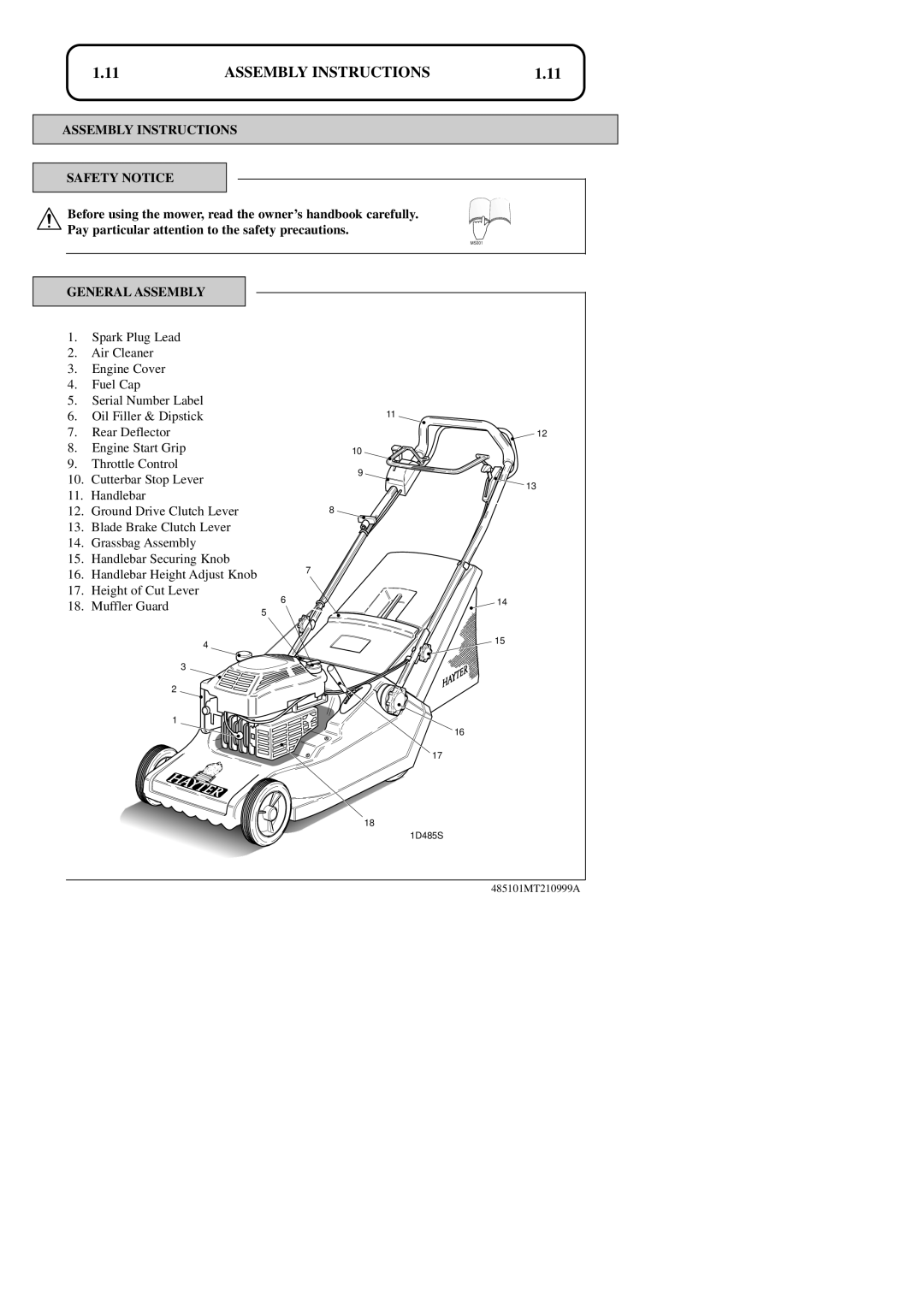 Hayter Mowers 48ST manual 1.11, Assembly Instructions Safety Notice, Pay particular attention to the safety precautions 