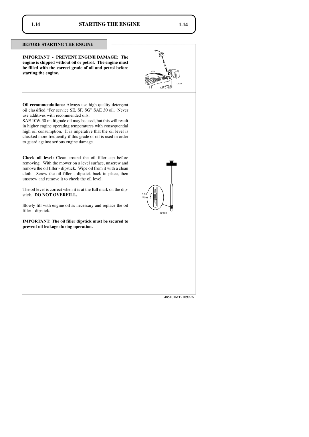 Hayter Mowers 48ST manual 1.14, Before Starting The Engine 