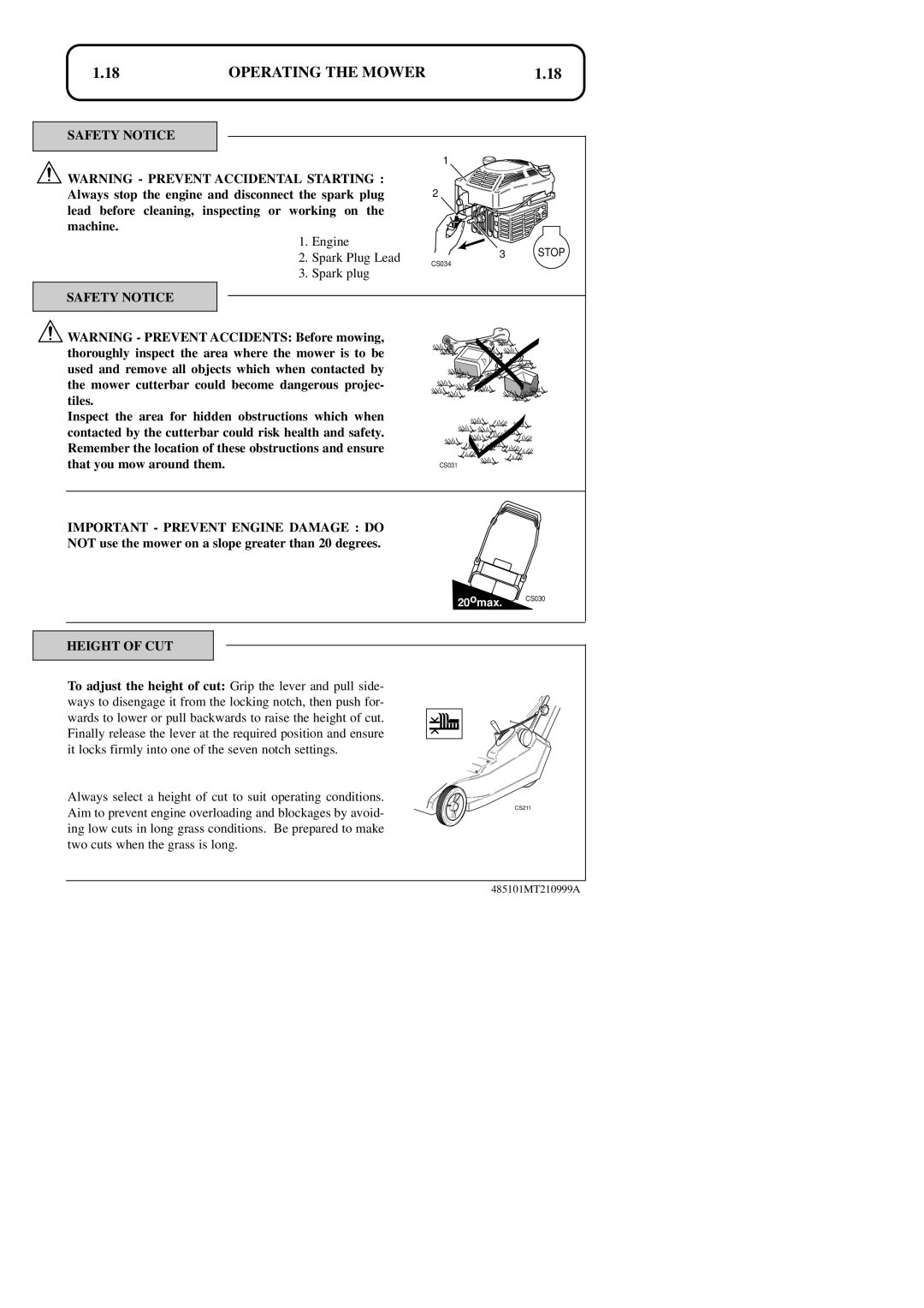 Hayter Mowers 48ST manual 1.18, Operating The Mower, 20omax. CS030, CS031 