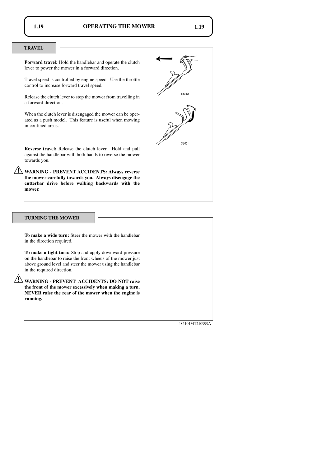 Hayter Mowers 48ST manual 1.19, Operating The Mower, Travel, Turning The Mower, CS061, CS051 