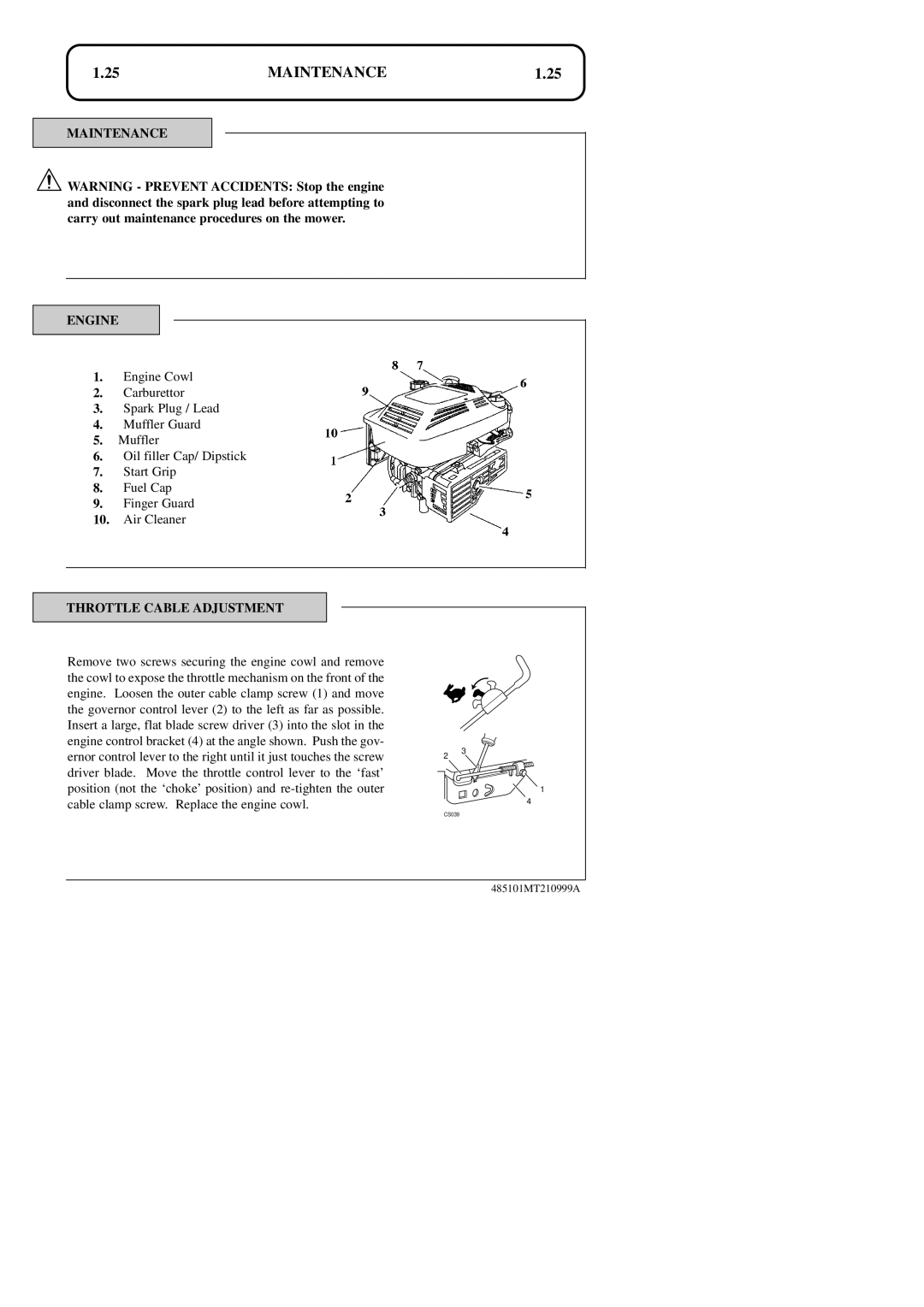 Hayter Mowers 48ST manual 1.25, Maintenance, Engine Cowl 2. Carburettor 3. Spark Plug / Lead 4. Muffler Guard, CS039 