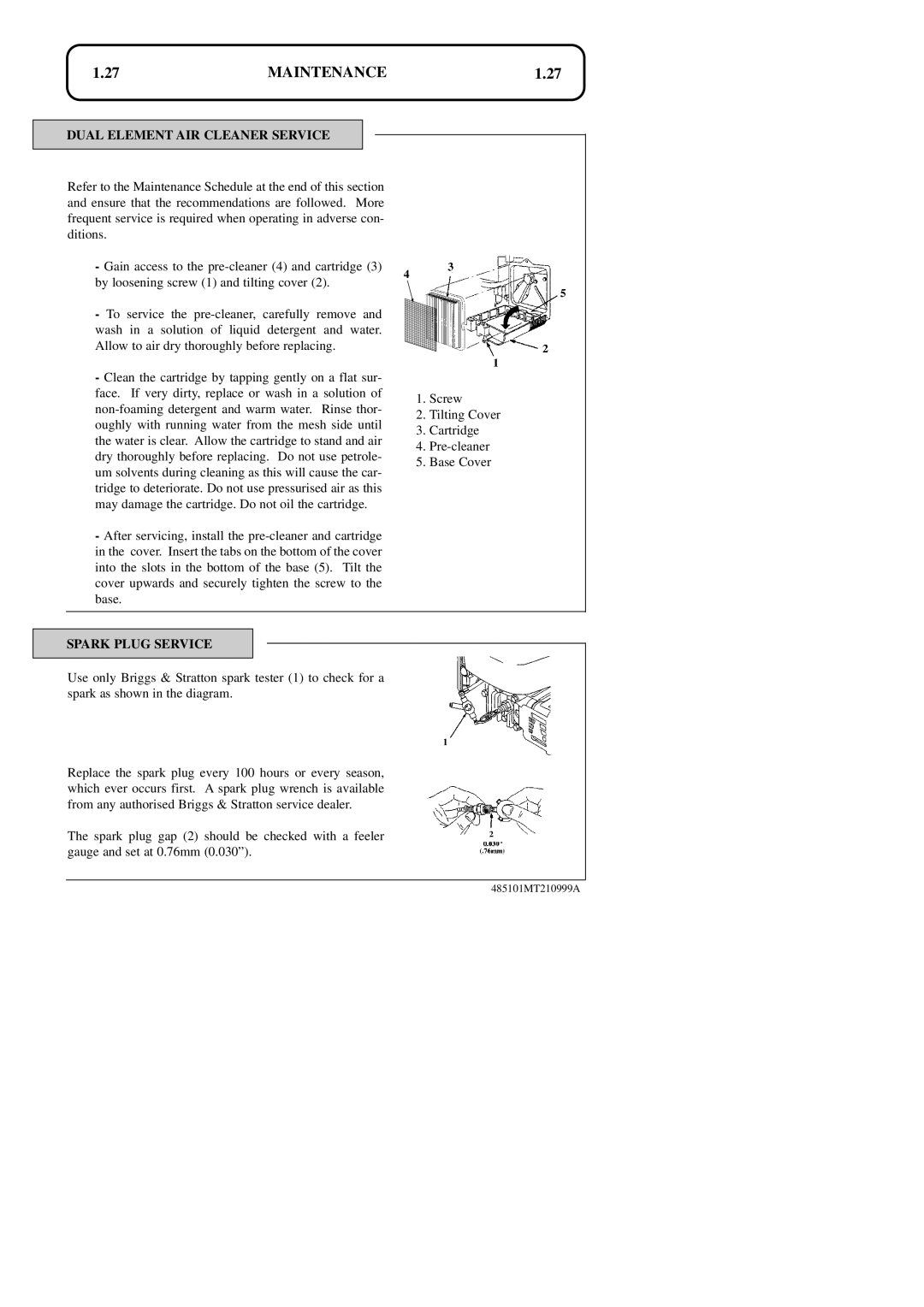 Hayter Mowers 48ST manual 1.27, Maintenance, Dual Element Air Cleaner Service, Spark Plug Service 