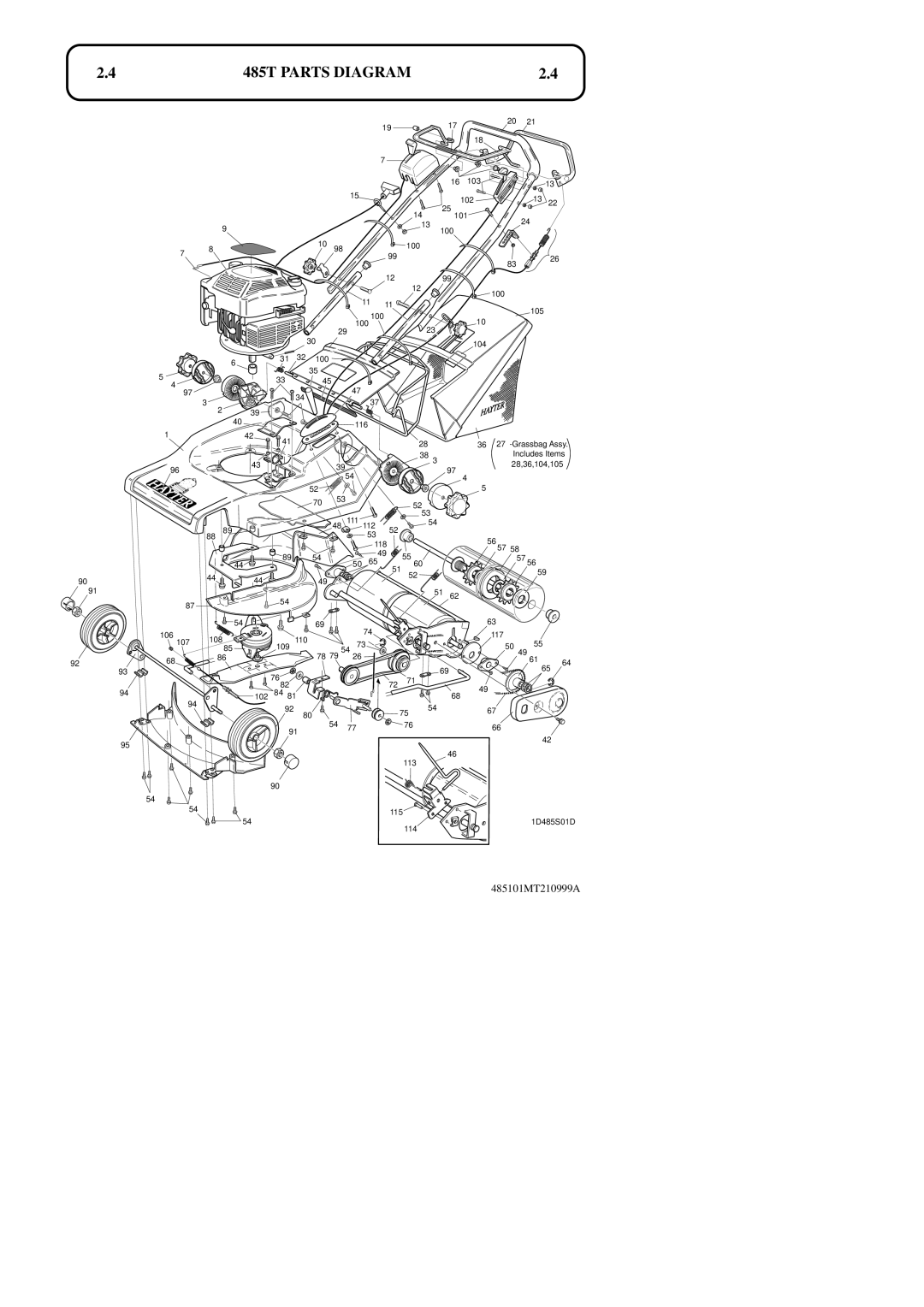 Hayter Mowers 48ST manual 485T PARTS DIAGRAM, 485101MT210999A 
