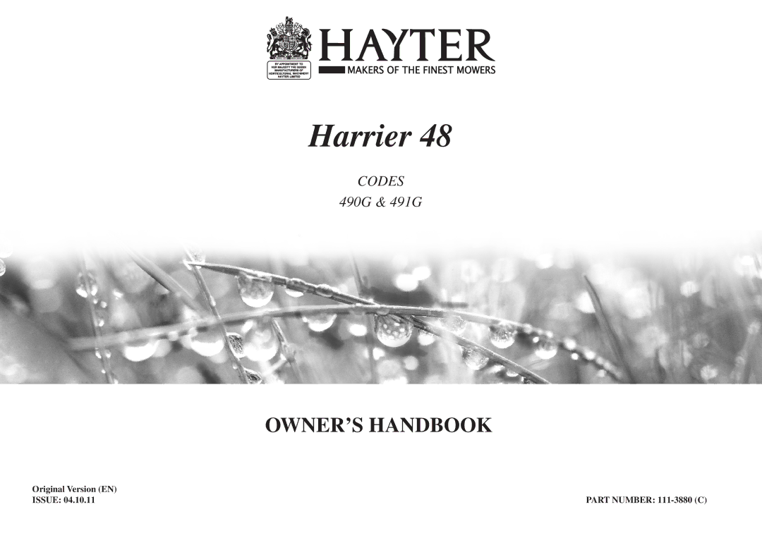 Hayter Mowers 490G, 491G manual Harrier 