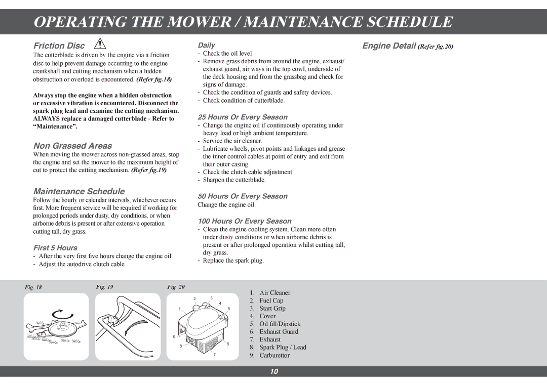 Hayter Mowers 491G, 490G Operating the Mower / Maintenance Schedule, Friction Disc, Non Grassed Areas, Engine Detail Refer 