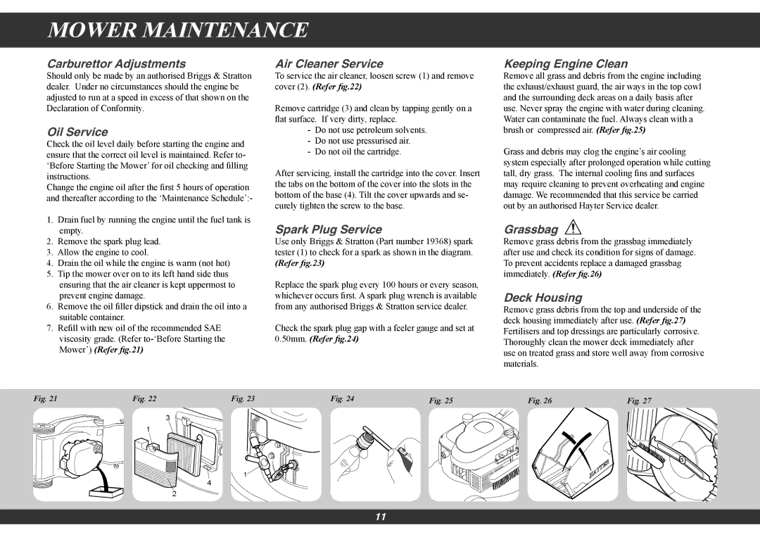 Hayter Mowers 490G, 491G manual Mower Maintenance 