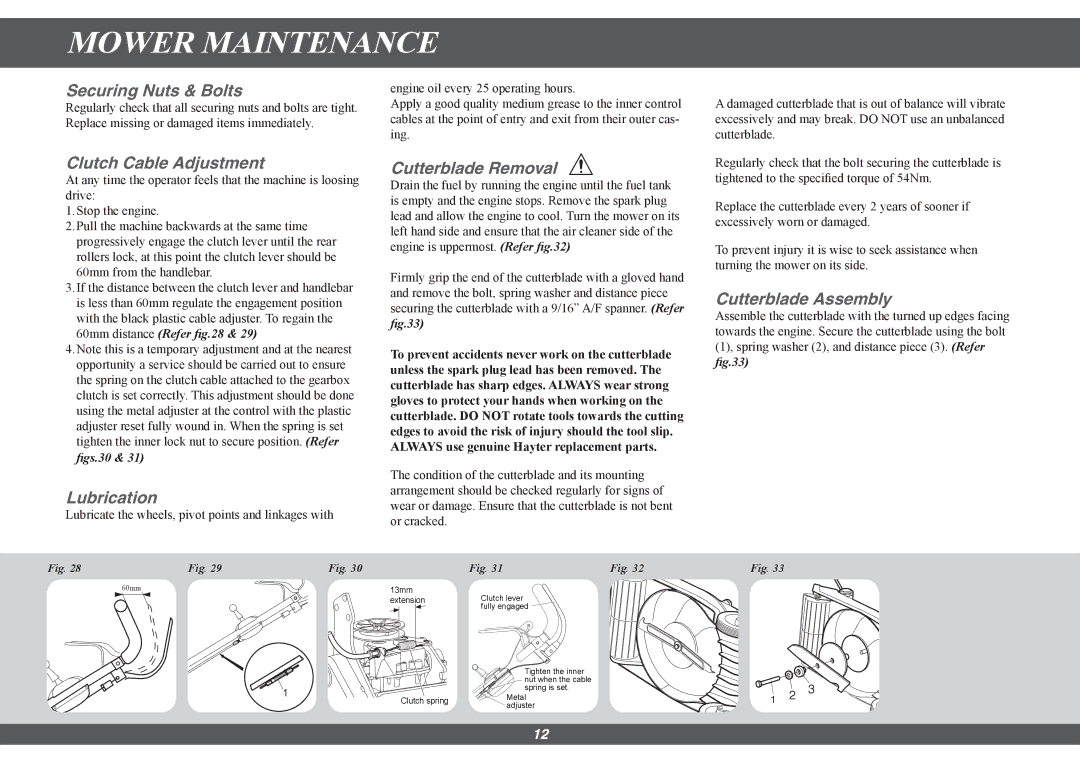 Hayter Mowers 491G Securing Nuts & Bolts, Clutch Cable Adjustment, Lubrication, Cutterblade Removal, Cutterblade Assembly 