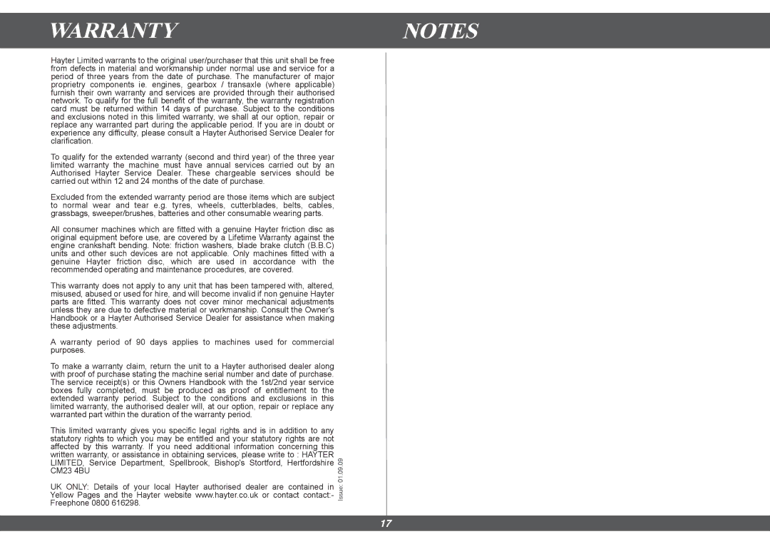 Hayter Mowers 490G, 491G manual Warrantynotes 