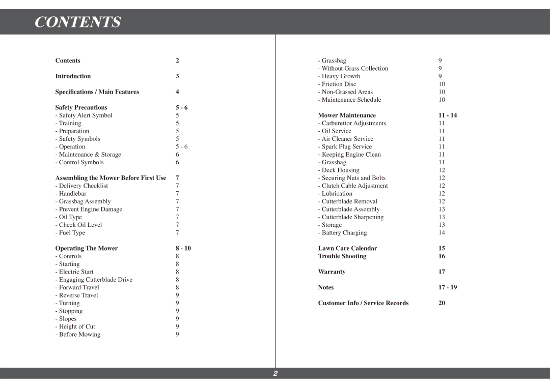 Hayter Mowers 491G, 490G manual Contents 