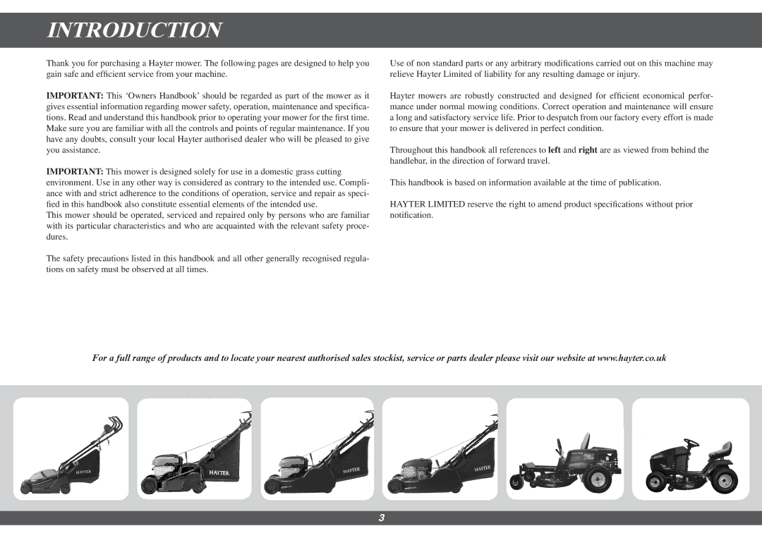 Hayter Mowers 490G, 491G manual Introduction 