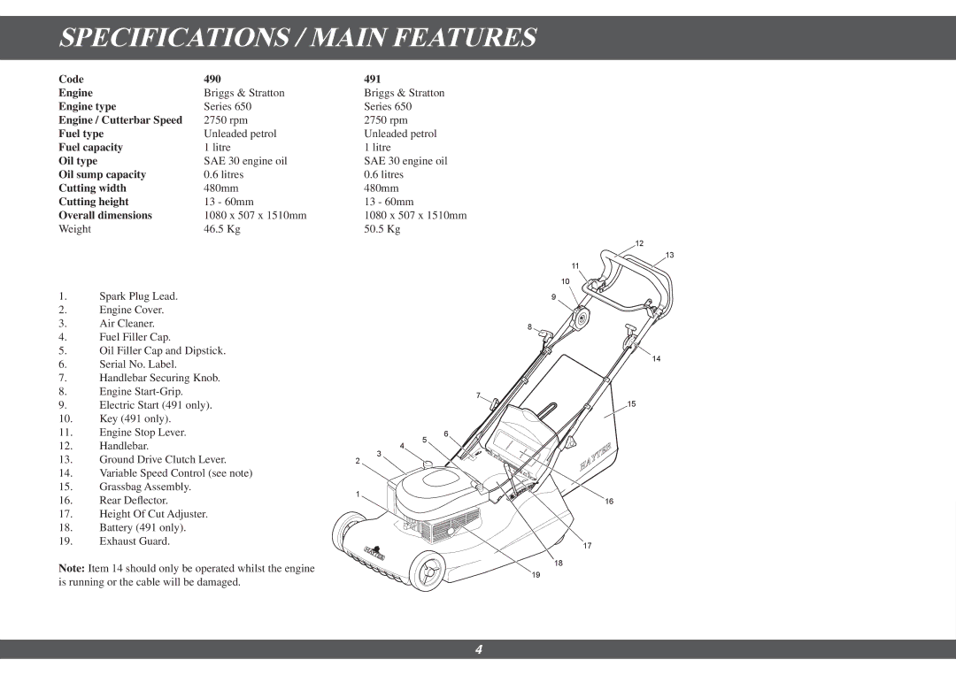 Hayter Mowers 491G, 490G manual Specifications / Main Features, Overall dimensions 