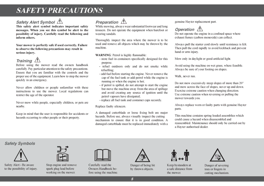 Hayter Mowers 490G, 491G manual Safety Precautions 