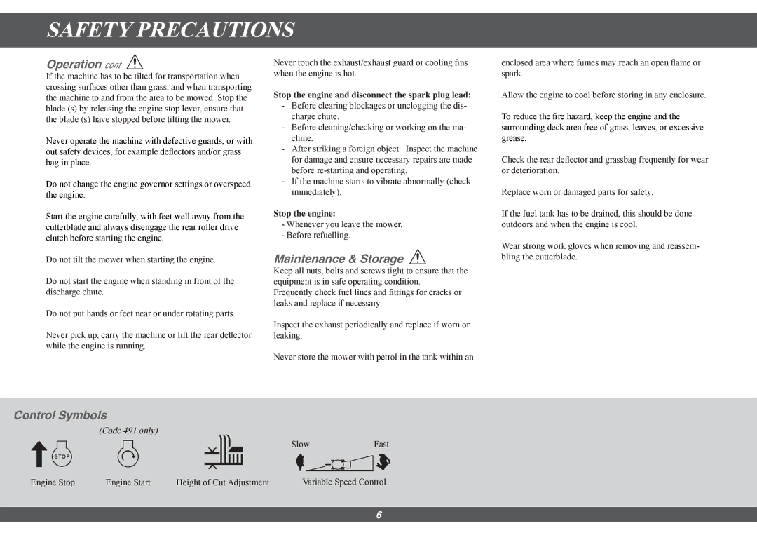 Hayter Mowers 491G, 490G manual Maintenance & Storage, Control Symbols 