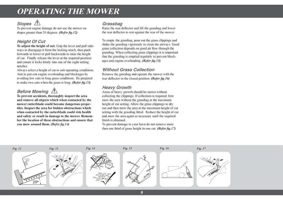 Hayter Mowers 490G, 491G manual Slopes, Height Of Cut, Grassbag, Without Grass Collection, Before Mowing, Heavy Growth 