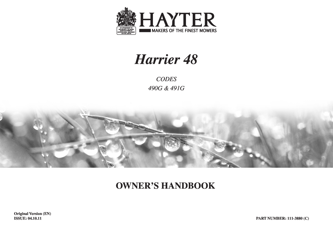 Hayter Mowers manual Harrier, Owner’S Handbook, CODES 490G & 491G 
