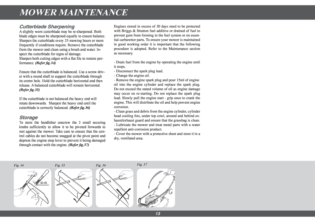Hayter Mowers 490G, 491G manual Cutterblade Sharpening, Storage, Refer, Mower Maintenance 