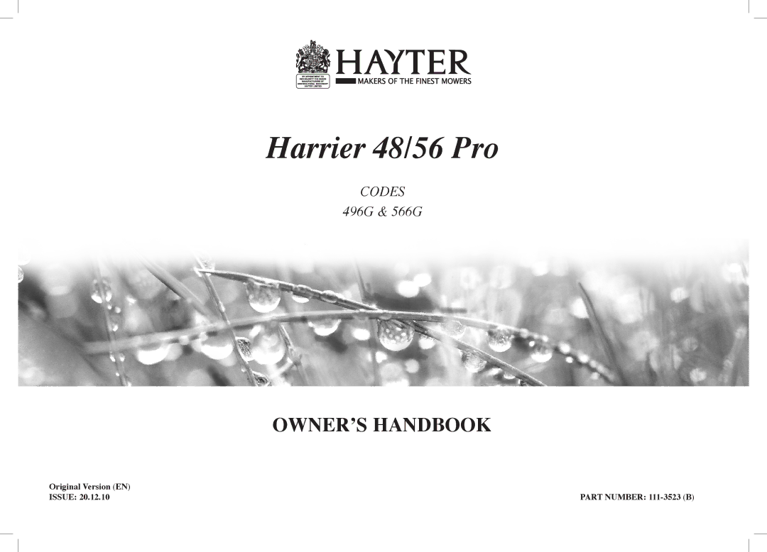 Hayter Mowers 566G, 496G manual Harrier 48/56 Pro 