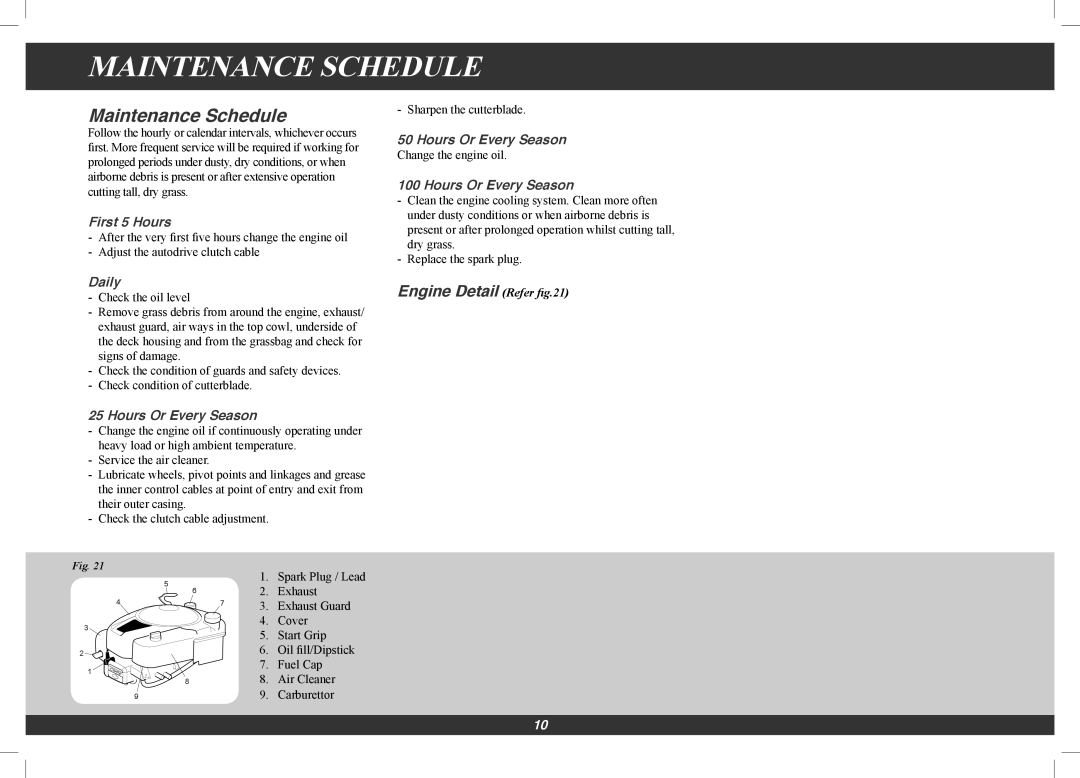 Hayter Mowers 496G, 566G manual Maintenance Schedule, Engine Detail Refer 