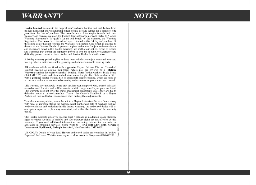 Hayter Mowers 496G, 566G manual Warrantynotes 