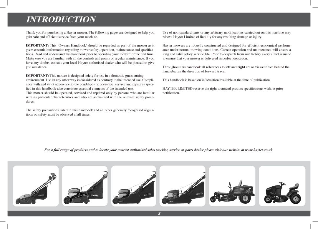 Hayter Mowers 566G, 496G manual Introduction 