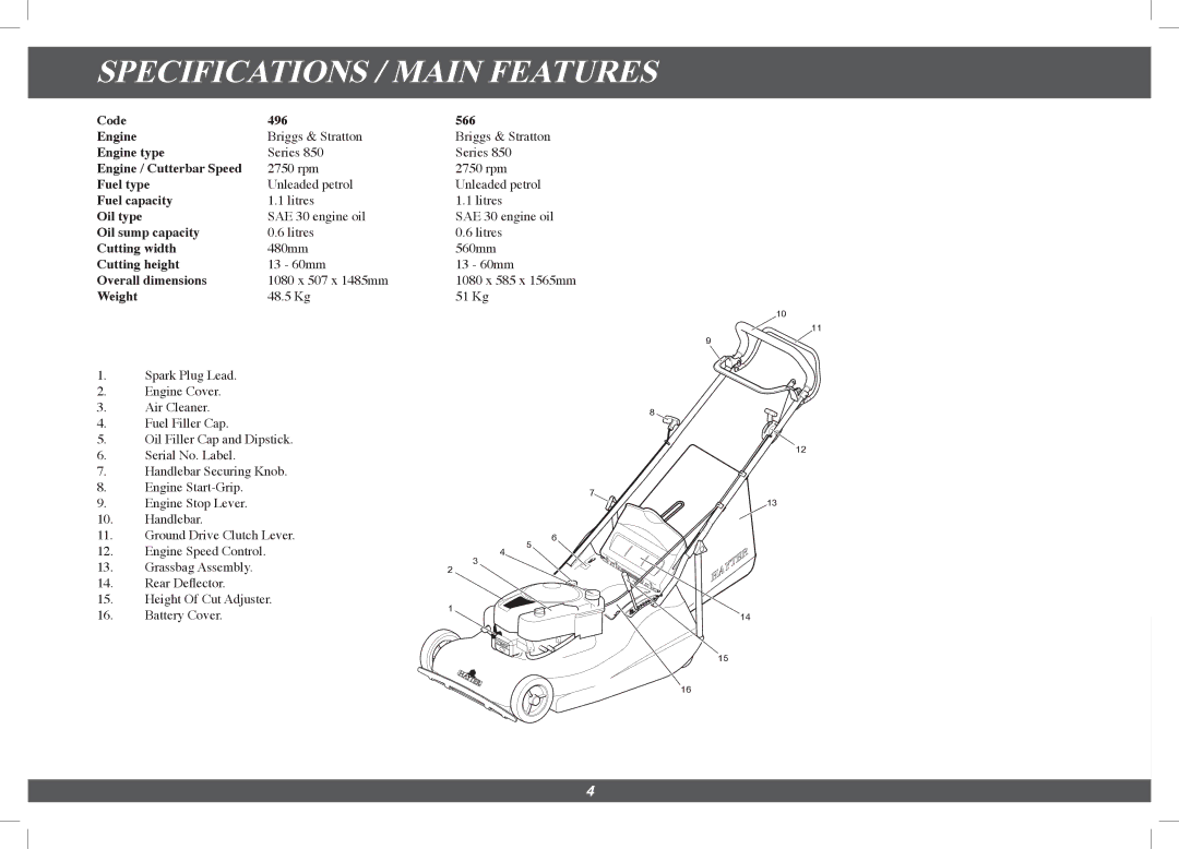 Hayter Mowers 496G, 566G manual Specifications / Main Features 