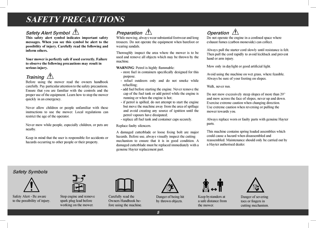 Hayter Mowers 566G, 496G manual Safety Precautions 