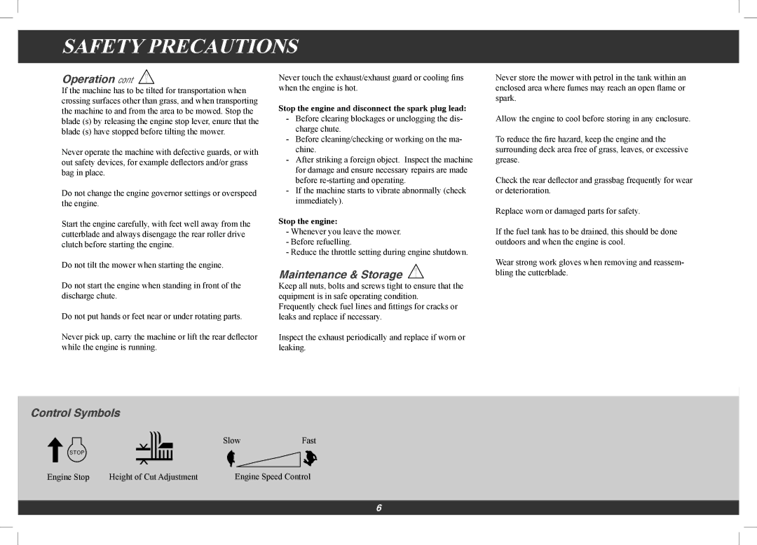 Hayter Mowers 496G, 566G manual Maintenance & Storage, Control Symbols 
